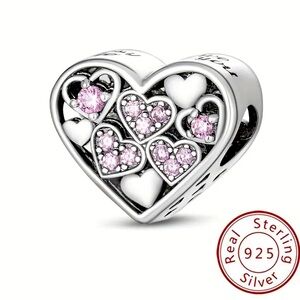 925 sterling silver vintage look heart with pink crystals charm NWT